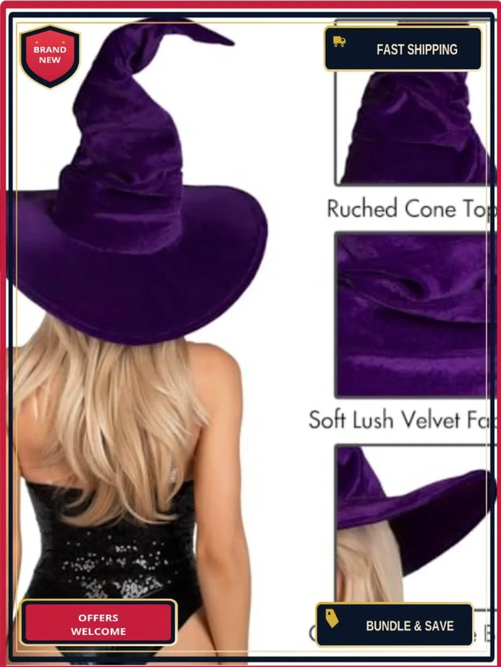 Velvet Ruched Witch Hat Bendable Brim Halloween Costume Accessory